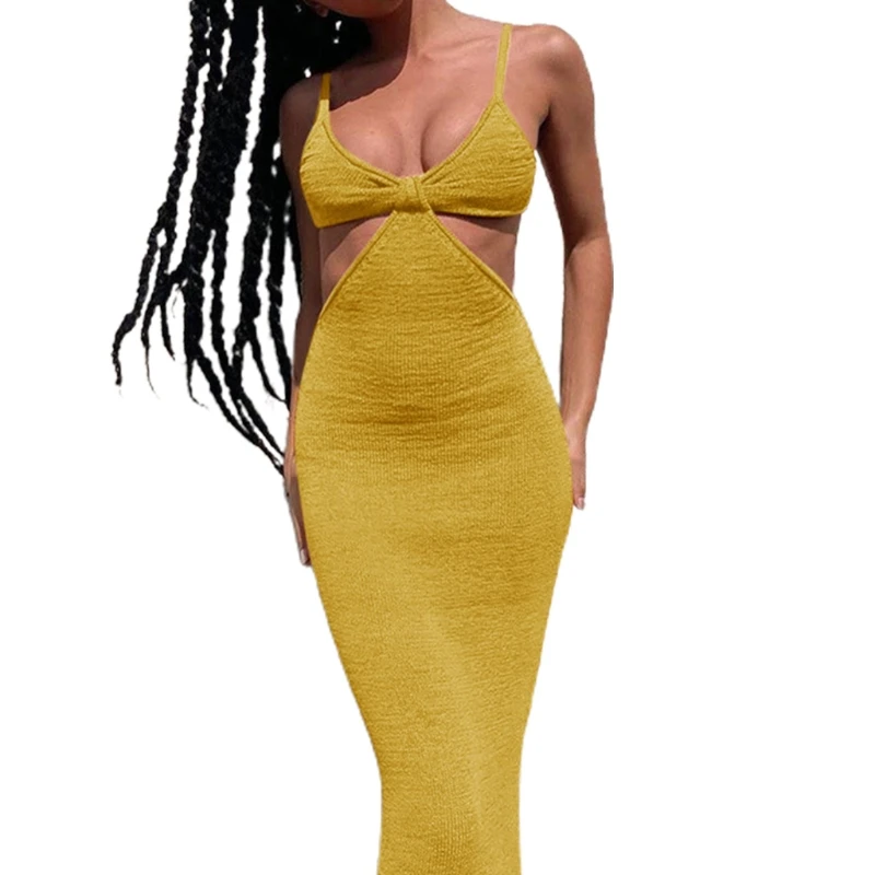 

E15E Women Spaghetti Strap Sexy Cut Out Bodycon Maxi Dress V-Neck Knitted Sundress