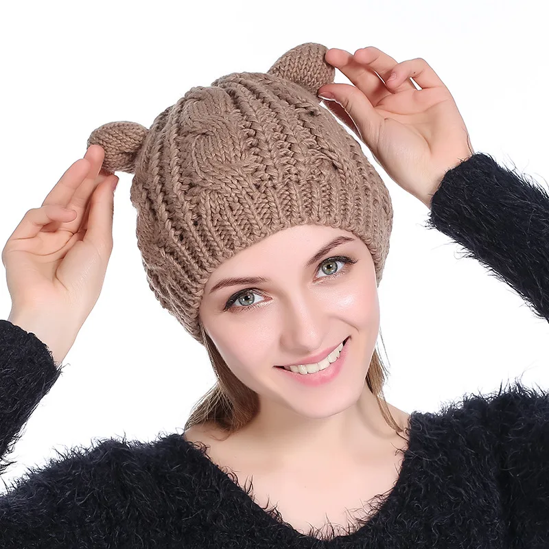 2021 Зимний берет Женская шерстяная шапка с кошачьими ушками теплая вязаная шапка женская холодная шапка вязаный головной убор
