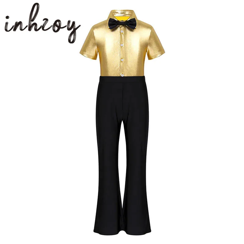 

Kids Boys Shiny Metallic Short Sleeve Unitards Jumpsuit with Necktie Halloween Party Stage Performance Rock Jazz Dance Costume