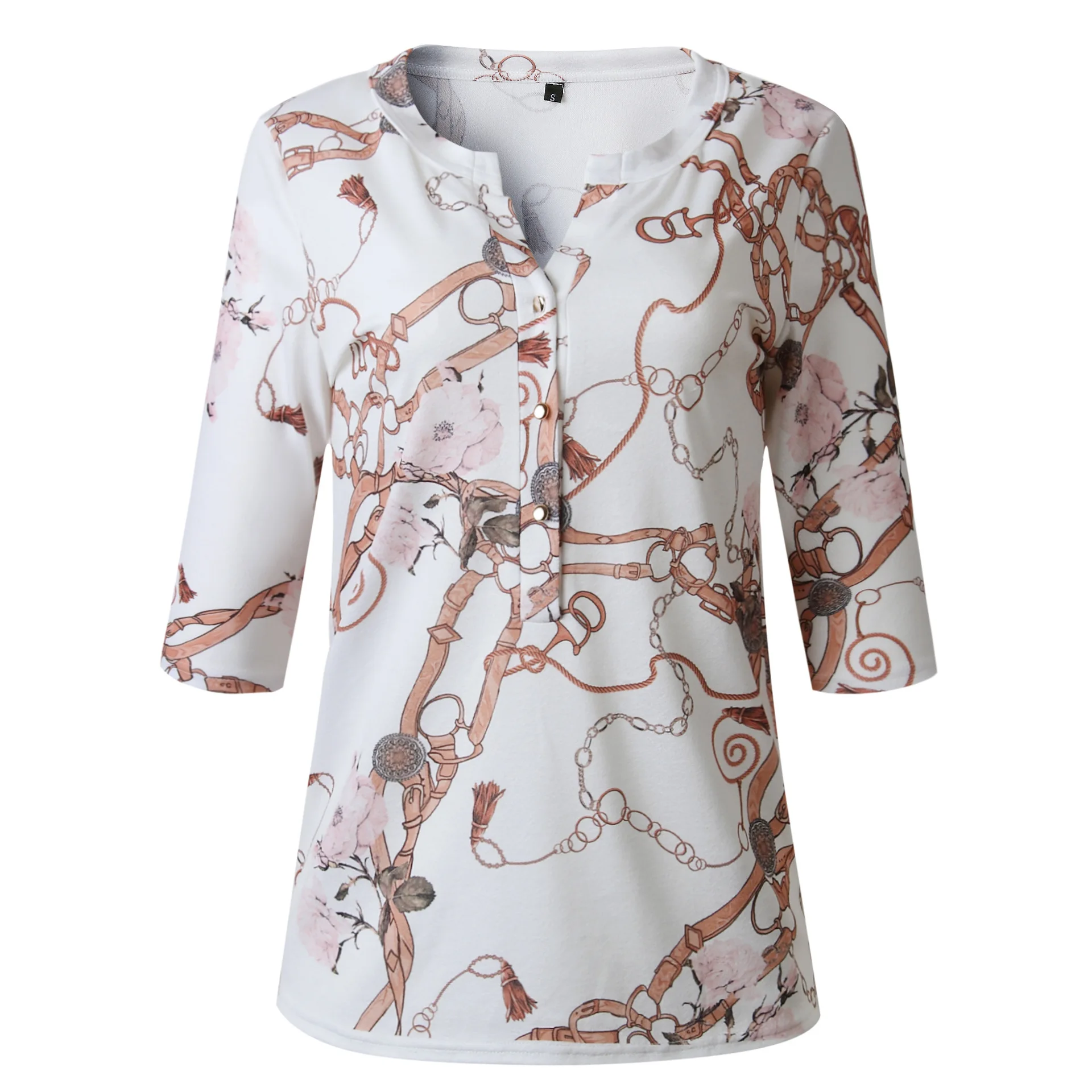 

Summer New Women Adjustable Sleeve Chain Print Button Blouse Shirts Ladies Elegant Leisure Top Sexy V-Neck Basic Shirt