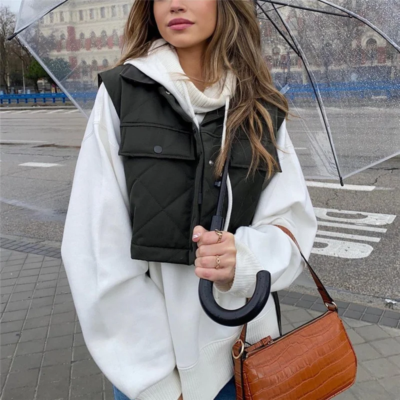 

Женский короткий жилет из хлопка, с отложным воротником и карманами