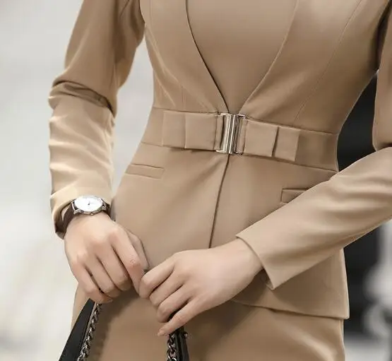 

2020 Autumn Winter Fashion Beige women skirt suit elegant long sleeve blazer and skirt office Interview plus size Work wear