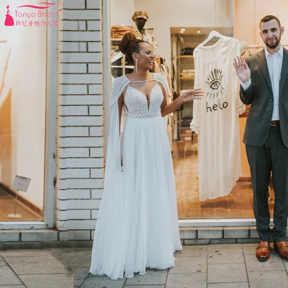 

Deep V-Neck Lace Chiffon Wedding Dresses Backless A Line Elegant Bridal Gowns With Cape Side Split Robe De Soriee Chic ZW475