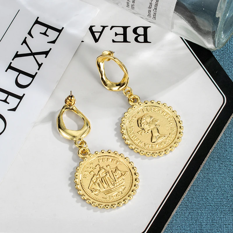 

2021 Trend Jewelry Fashion Statement Unusual Gold Drop Earrings For Women Vintage Geometric Portrait Coin Dangle Female Earrings