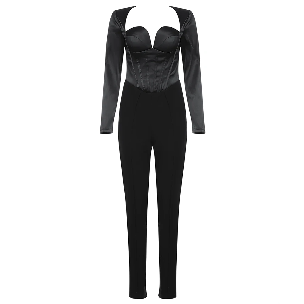 

Ailigou Summer New Arrivals Elegant Long Sleeve Black Bodycon Jumpsuit 2021 Celebrity Designer Sexy V-neck Fashion Jumpsuit