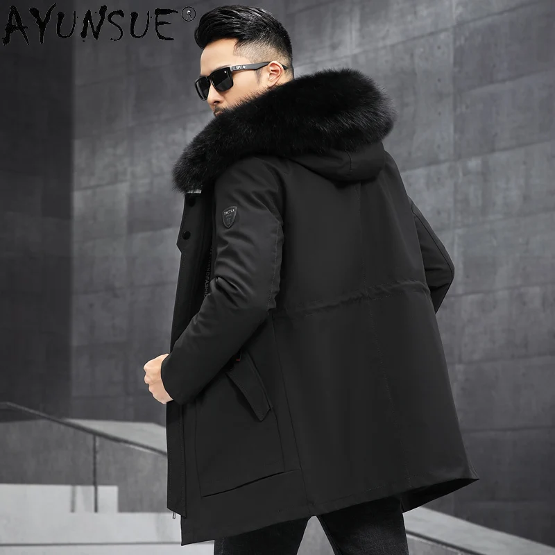 

AYUNSUE Winter Mens Jacket Hooded Warm Real Fox Fur Collar Coats Rabbit Fur Liner Jacket Man Parkas Clothes Chaquetas Hombre WPY