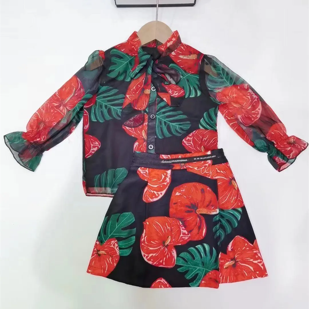 

2021 New Girls Flower Printed Chiffon Brand Girls Clothing set suits Top+Skirt 3 4 6 8 10 12Years