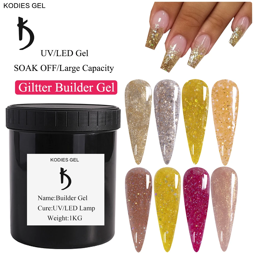 

KODIES GEL 1KG Poly Nail Gel Polish Glitter Pailette Hard UV/LED Builder Varnish Gold Shimmer Manicure Nail Art Salon Extension