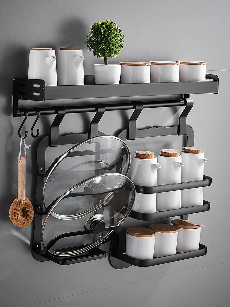 

Black seasoning rack kitchen shelf wall hanging storage device rack without holes