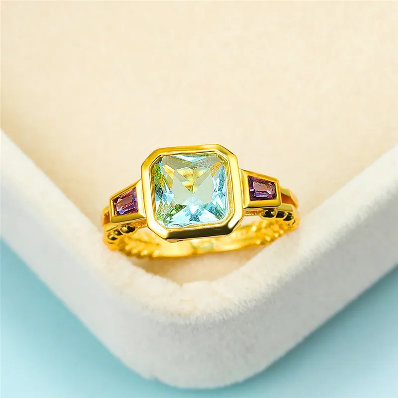 

Vintage Female Aqua Blue Crystal Ring Dainty Zircon Stone Gold Wedding Rings For Women Charm Bridal Square Engagement Ring