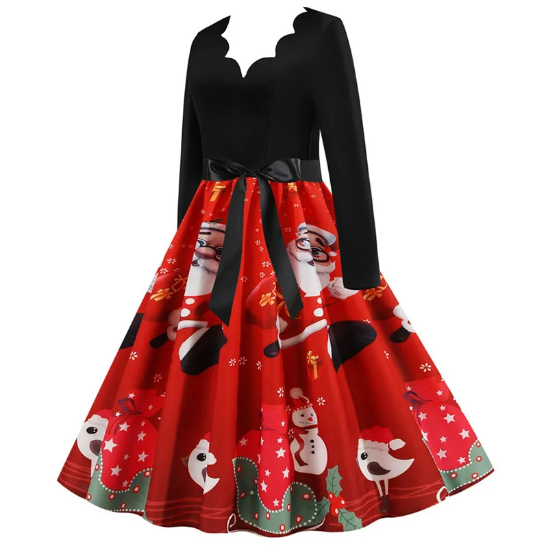 Женское зимнее винтажное рождественское платье с длинным рукавом черное красное