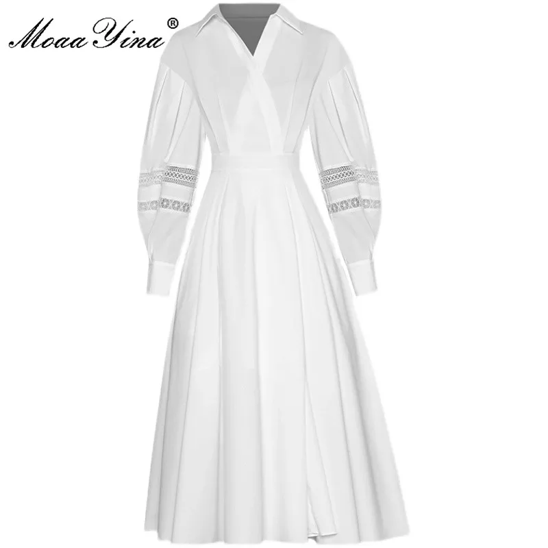 

MoaaYina модное подиумное платье весеннее женское платье с v-образным вырезом и рукавами-фонариками, открытое элегантное белое платье с высокой...
