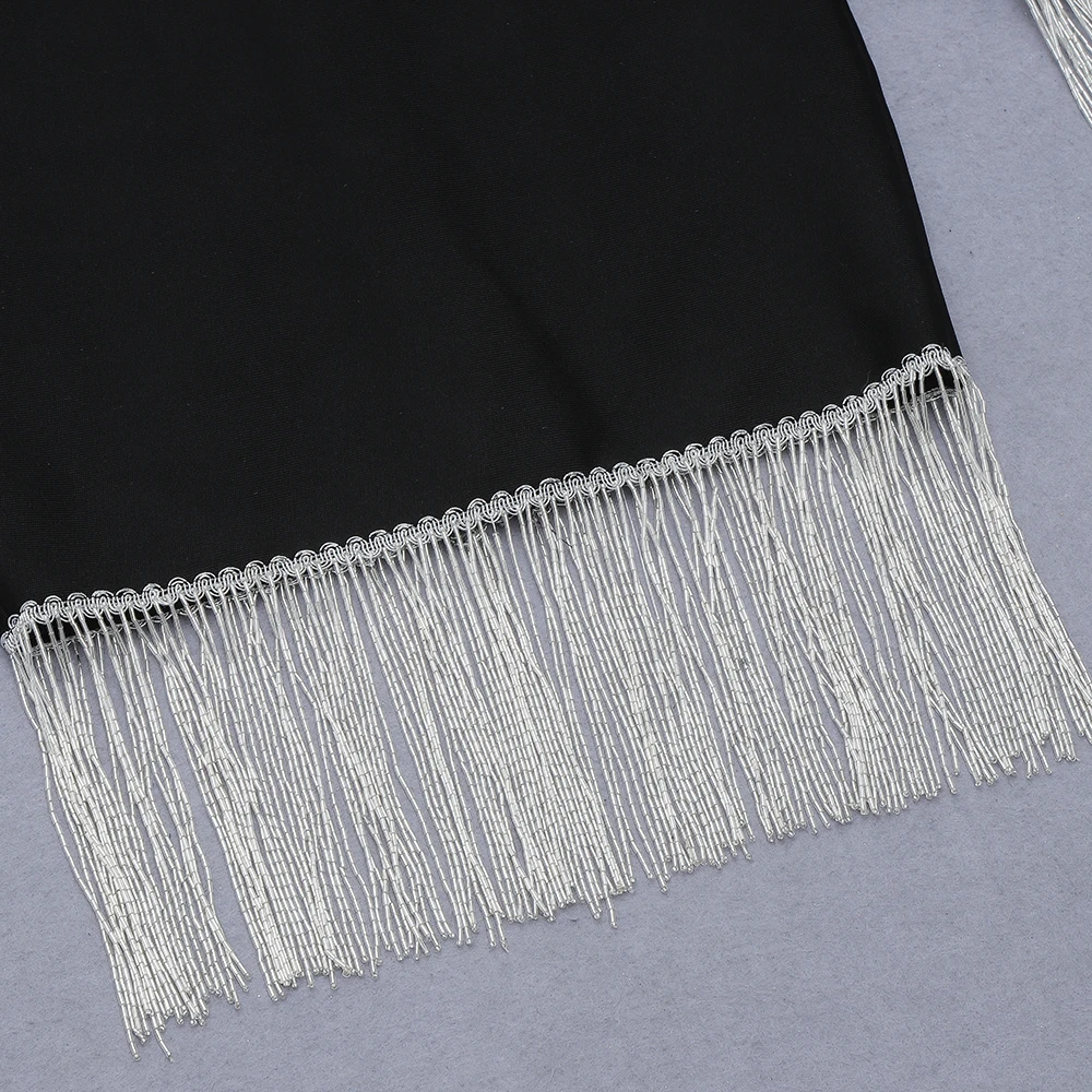 

Free Shiping High Quality Women Black O Neck Long Sleeve With Mesh Tassel Rayon Bandage Dress Sexy Club Celebrity Party Dresses