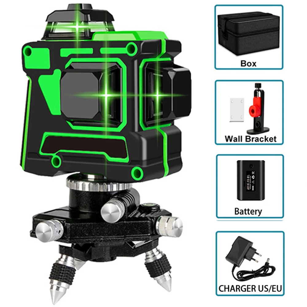

12 Lines 3D Laser Level Self-Leveling 360 Degrees Horizontal And Vertical Cross Lines With 2 Batteries Powerful Green Laser