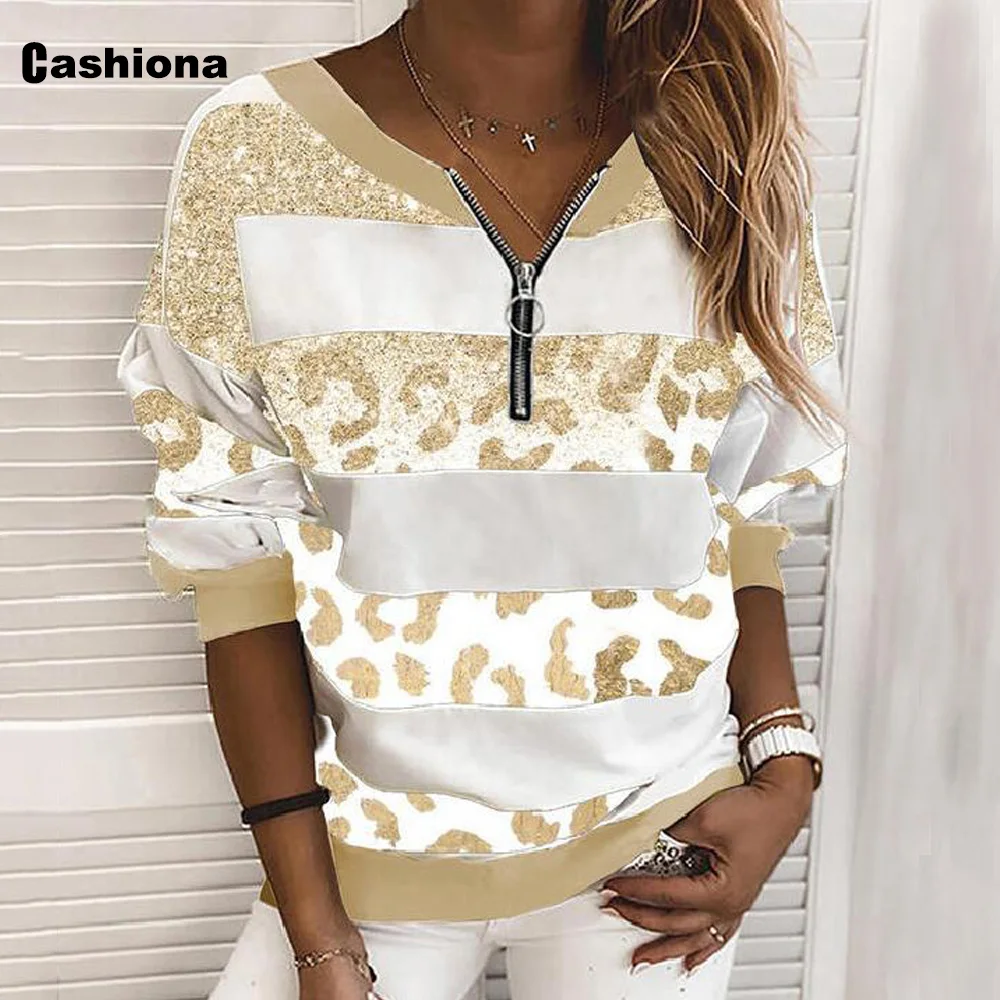 

Plus size Women Elegant Leisure Casual T-shirt Patchwork Zipper Loose Women's Top Pullovers 2021 Spring Autumn Tees Shirt Femme