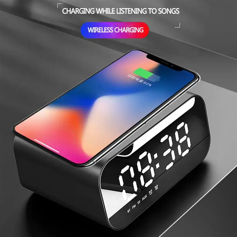 

10W Wireless Charging Bluetooth Speaker Clock Led Display Alarm Clock Speaker With FM Radio USB Fast Wireless Charger