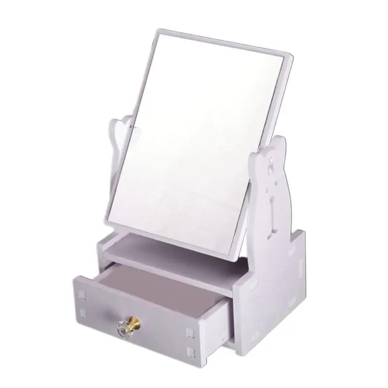 Вращающееся деревянное зеркало для макияжа с милым кроликом выдвижным ящиком DIY