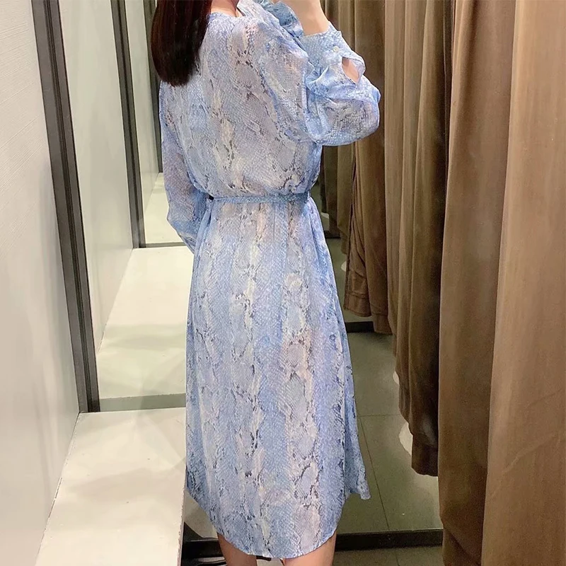 

ZA Summer Women Serpentine Printed Dress 2021 Drawing Long Sleeve Casual Mini Party Vestido Elegant O-neck Girls Causal Outfits