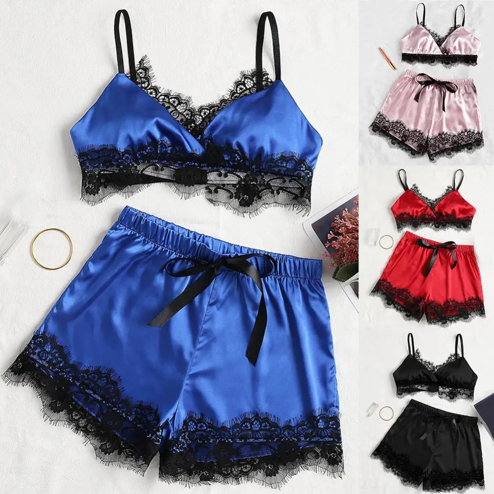

Women Sexy Lace Patchwork Sleepwear Set Spaghetti Straps Bra Elastic Bow Shorts одежда для женщин лето Women Pajamas Sets