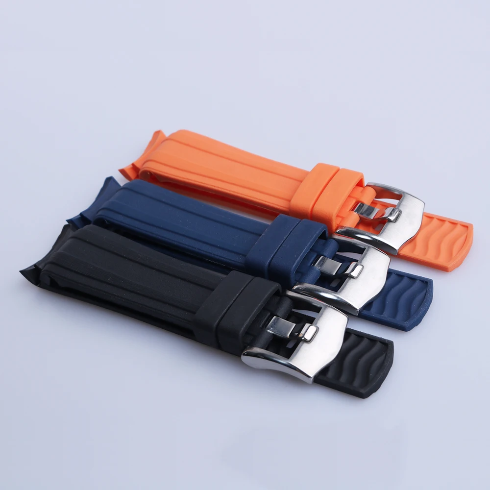 Rolamy 20 22mm Black Blue Orange Rubber Watch Band Strap With Silver Steel 18mm Buckle For OMEGA SeaMaster Diver 300m