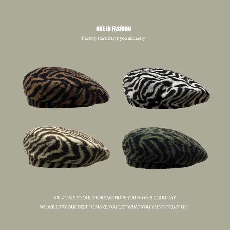 

Autumn and Winter England Retro Zebra Pattern Beret Ins Street Style Fashionable Modern Concave Shape Painter Women's Hat