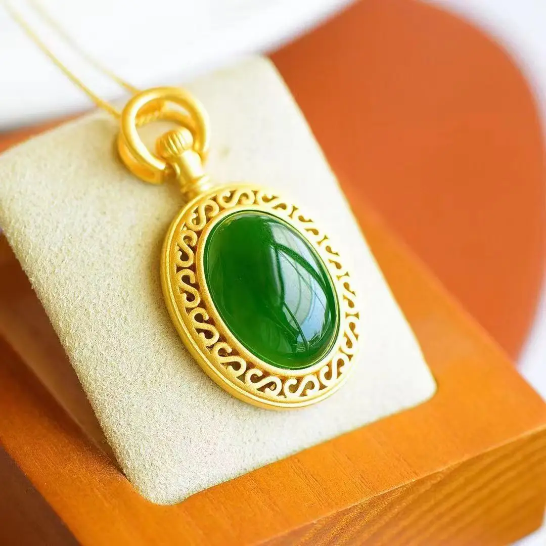 

Fashion Jewelry Man Amulet Real 925 Silver Gift Charms Green Jade Necklace Pendant Zircon Jadeite Accessories Natural