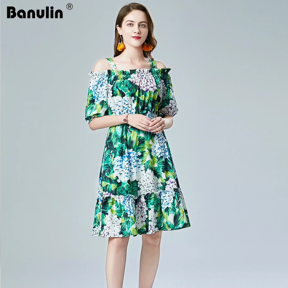 

2021 Summer Runway Grape Green Printed Dress Women's Cold Cut Out Off Shoulder Slash Neck Sundress Holiday Mini Dress
