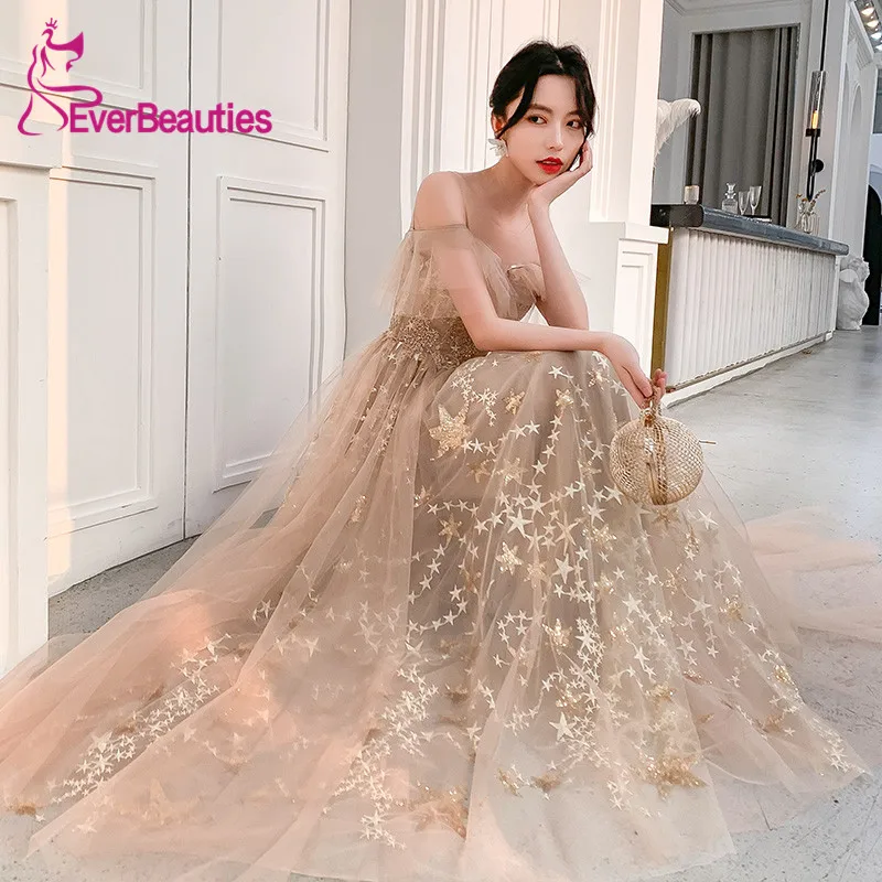 Женское платье для выпускного вечера длинное Тюлевое с блестками и аппликацией