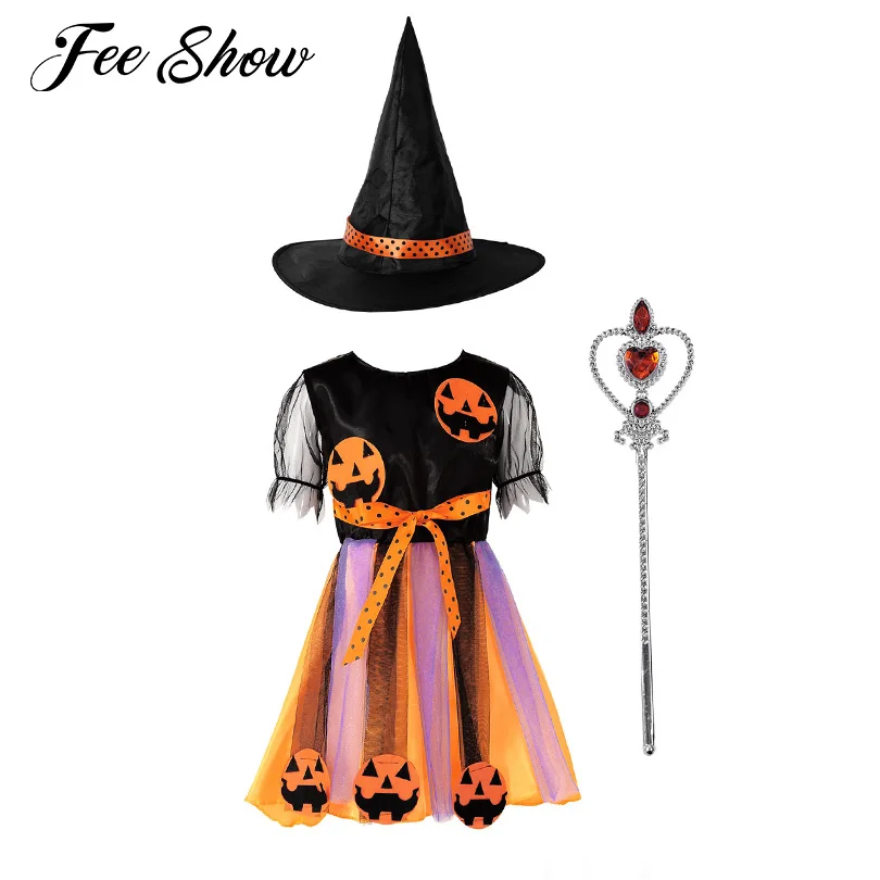 Vestido de Cosplay de bruja de Halloween para ni&ntilde;os y ni&ntilde;as, traje de juego de rol con aplicaci&oacute;n de calabaza, malla con varita m&aacute;gica y sombreros, color negro y naranja-0