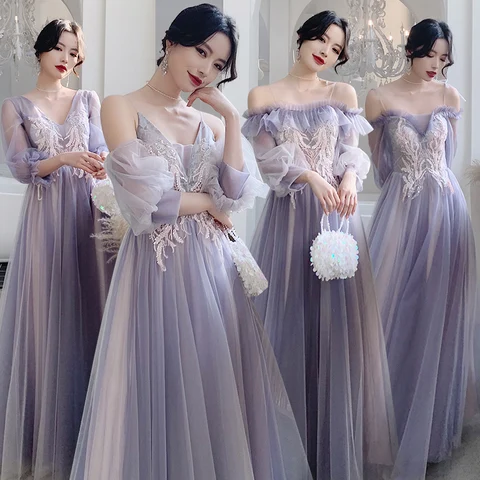 New Purple Bridesmaid Party Dresses 2021 Long Elegant Tulle With Sleeves A-line Mismatched Prom dress Formal Party Wedding