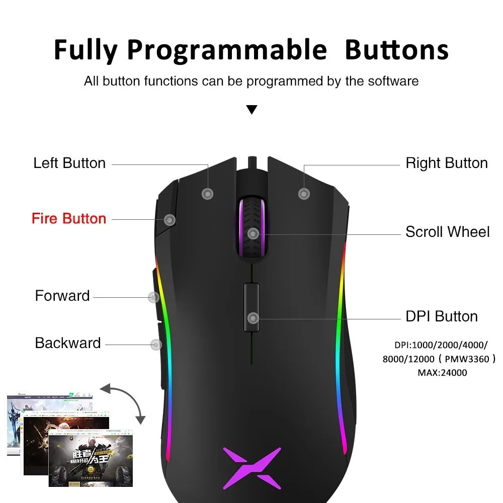 

Delux M625 PMW3360 Sensor Gaming Mouse 12000DPI 7 Programmable Buttons RGB Backlight Wired Mice with Fire Key For FPS Gamer