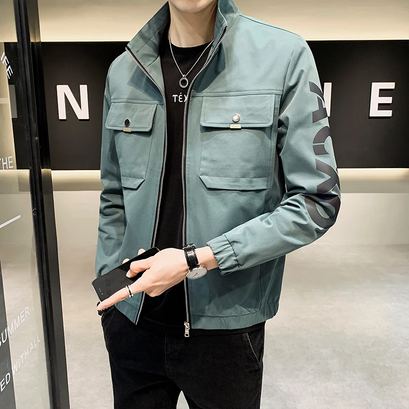 

Plus Size 4XL-M Spring New Men Clothing Casual Jackets And Coats Simple Front Pockets Stand Collar Slim Fit Veste Homme 2Colors