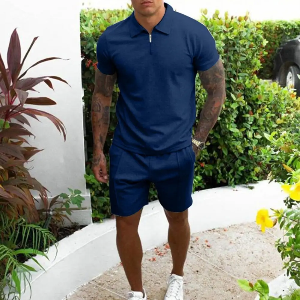 

Summer Solid Color Sports Suit Pockets Two Piece Turn-down Collar T-shirt Shorts Men Loose Tracksuit Activewear Casual Sets