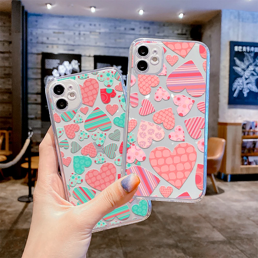 

iphone 13 12 11 Pro Max Mini Love Heart Pattern Cute design Case for 6 6s 7 8 Plus SE2020 X XR XS Shockproof Clear Shell Coque