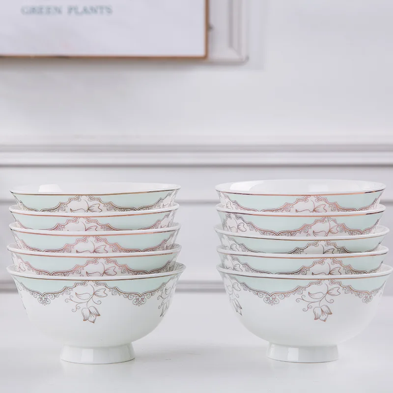 Chinese Round Applique Bowls and Dishes Jingdezhen Ceramic Tableware Bone China Rice Bowl Ramen Noodles Soup Serving