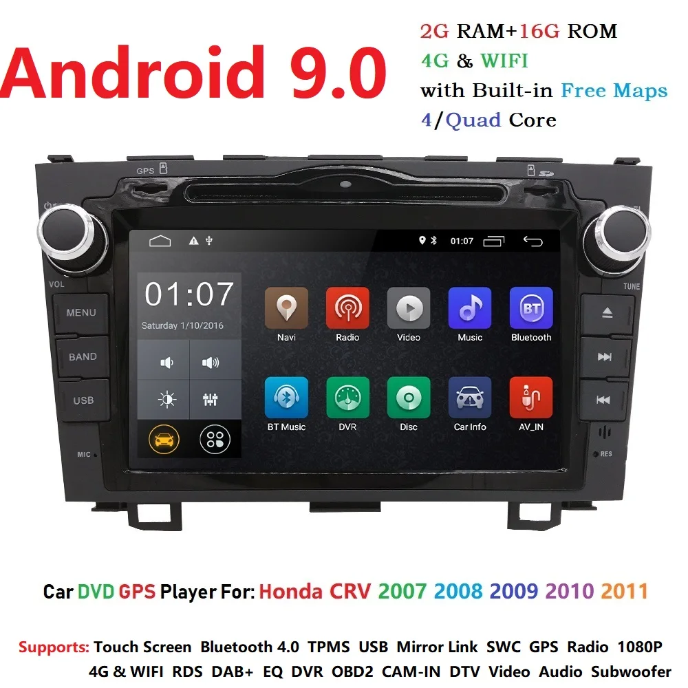 Android 9,0 HD 1024*600 автомобильный dvd-плеер радио для Honda CRV 2007-2011 4G wifi gps навигация головное устройство 2 din 2GRAM SWC DVB-T DAB