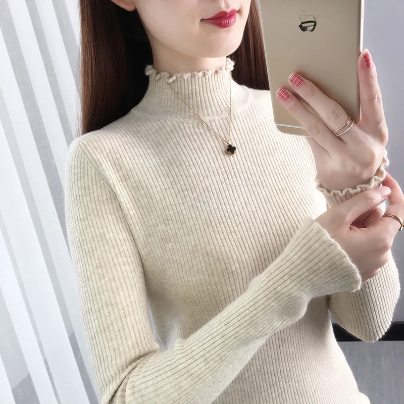 

217974 room 7 Row 4 bottom] vertical stripe fungus edge solid color knitted versatile bottoming shirt [1690] 32