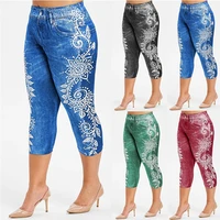 printed false denim short leggings 34 women jeans leggings high waist breeches capri pants super elastic jeggings plus size 3xl
