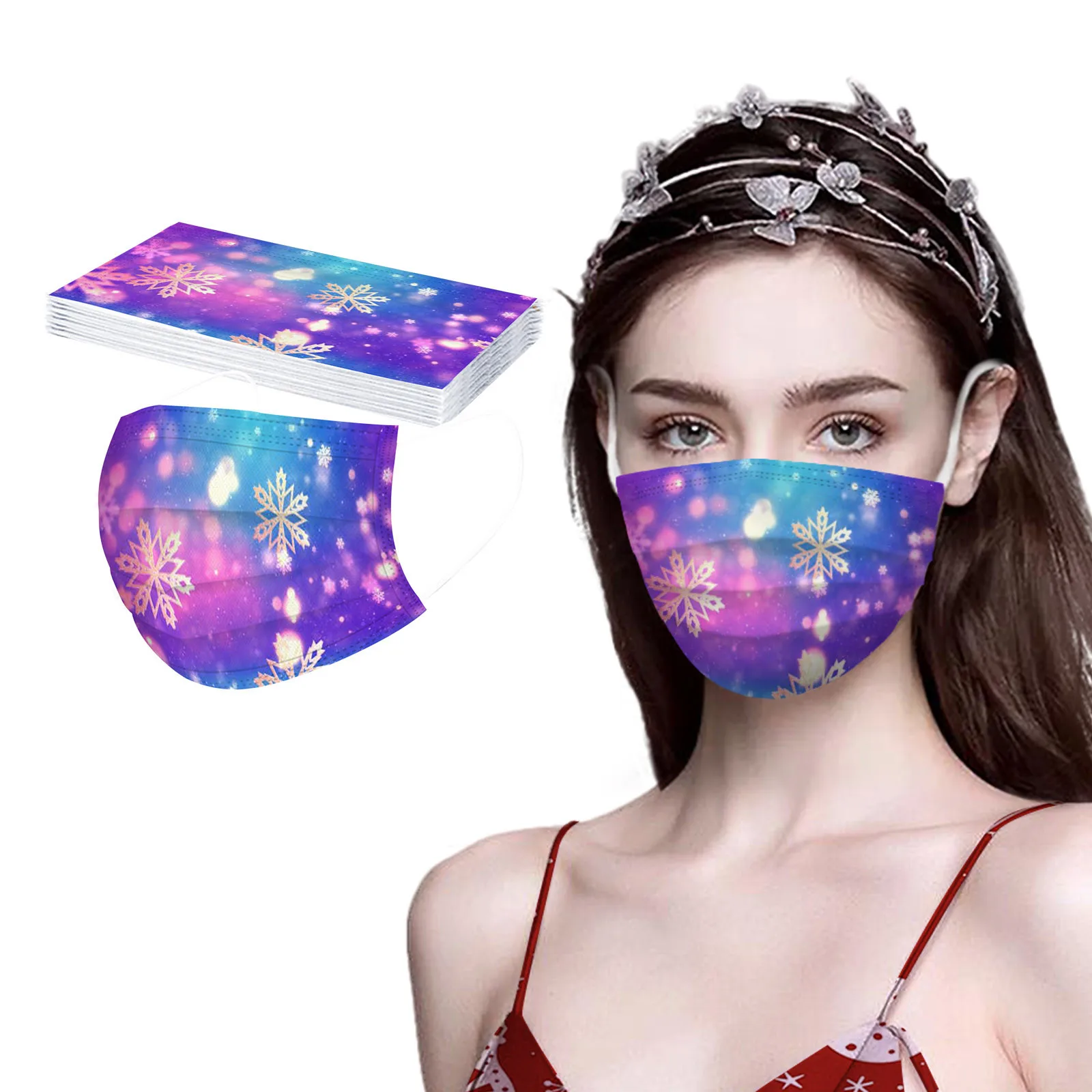 

10-100pcs Adult Snowflake Printed Mask Disposable Protective Face Masks Women 3 Layers Non Woven Mask Masque Halloween Masks