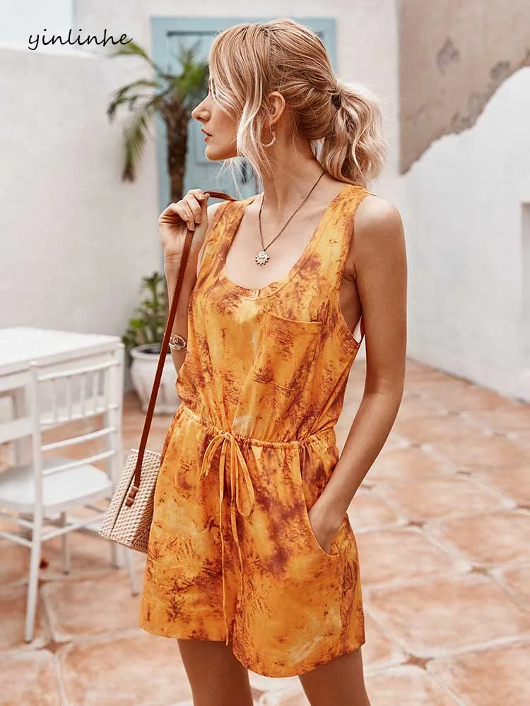 Yinlinhe желтый летний комбинезон с принтом для женщин пляжный без рукавов женский