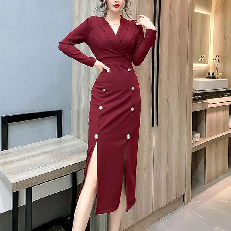 

Women Fashion Slim Double Breasted Suit Dress Autumn Female Midi Split Dress Office Ladies Vestidos