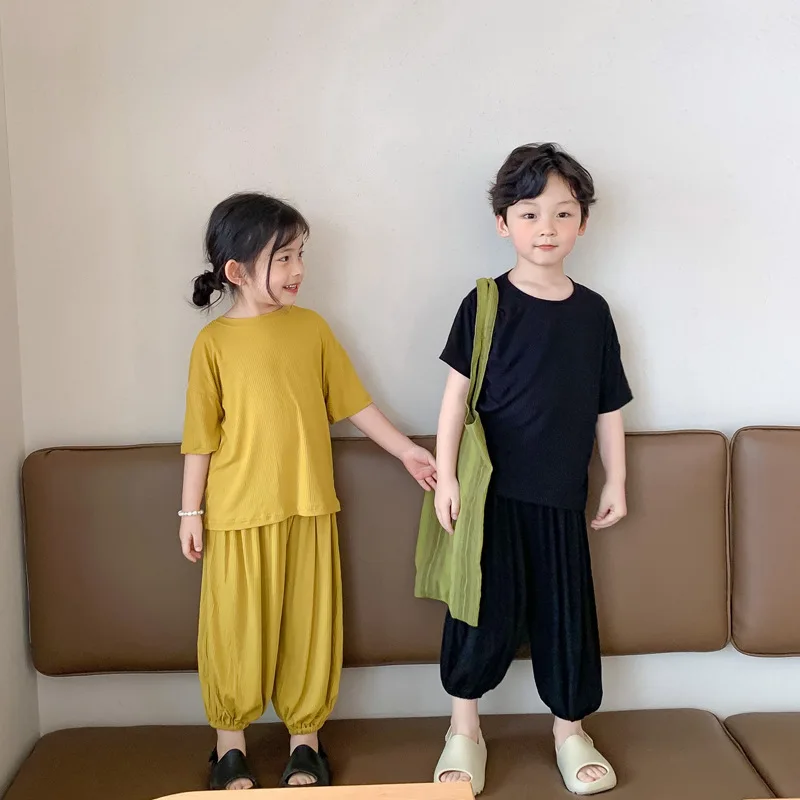 

Summer Kids Pajamas 2021 New Arrival Baby Girls Boys Cotton Soft Home Wear Suits Children's Solid Modal Fabric Sleepwear Set