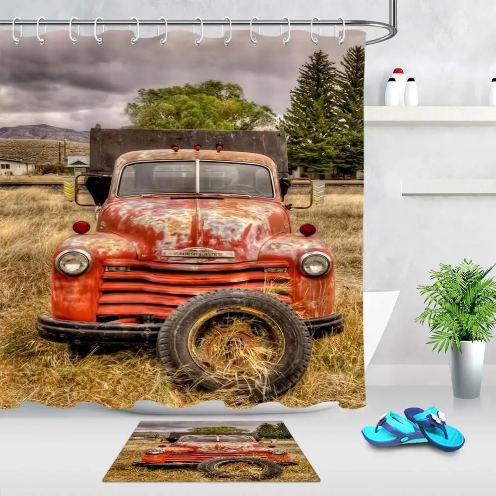 Винтажная занавеска для грузовика душа красный грузовик ретро ванной из