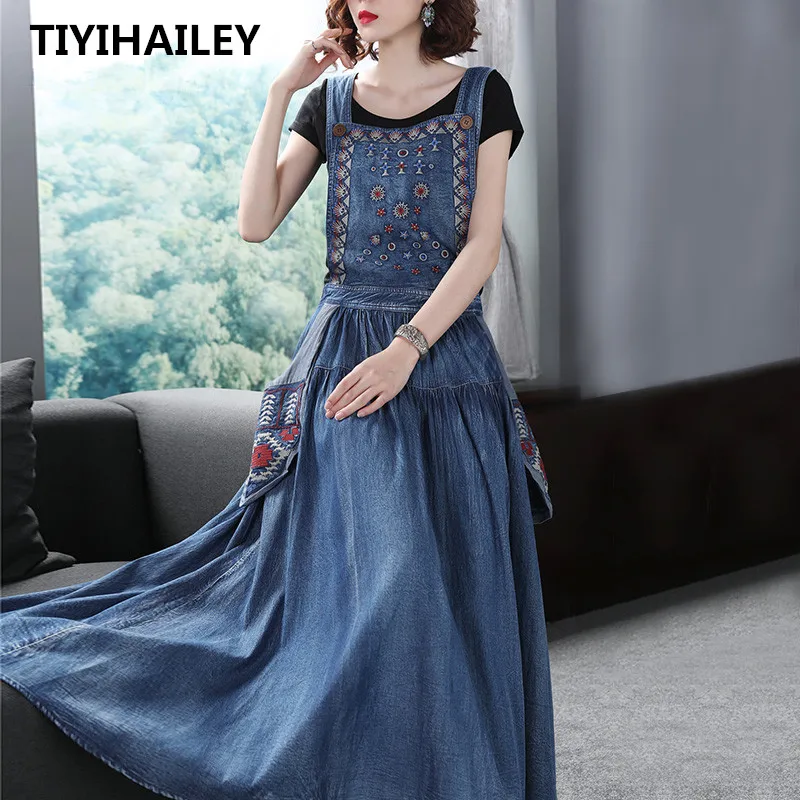 

Женское длинное джинсовое платье TIYIHAILEY, винтажное Хлопковое платье макси без рукавов, с вышивкой и карманами, лето 2019
