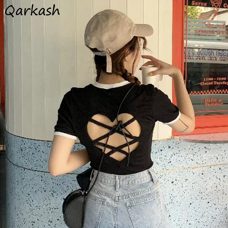 

T-shirts Women Aesthetic Korean Style Tshirts Backless Design Summer Ulzzang Tops Mujer Camisetas All-match College Trendy Newly