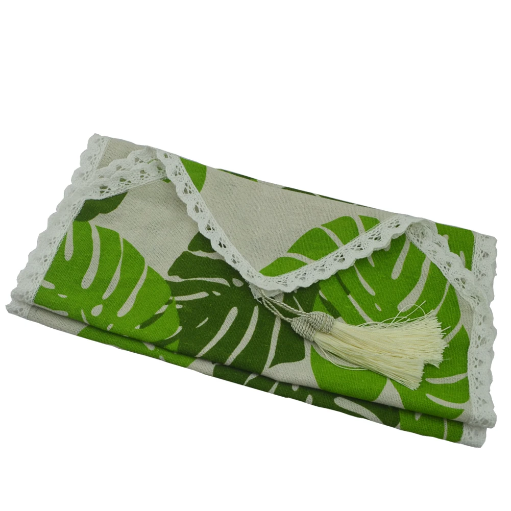 

Linen Cotton Tassel Table Runner Printed Green Palm Leaves Table Runners Home Table cloth Wedding Christmas Party Table Decors