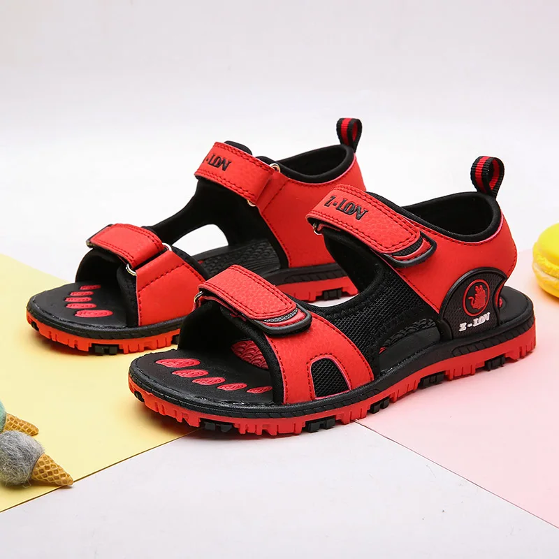 Black and red Детская обувь весна и лето новые модные милые студенческие пляжные походные сандалии - Цвет: Black and red