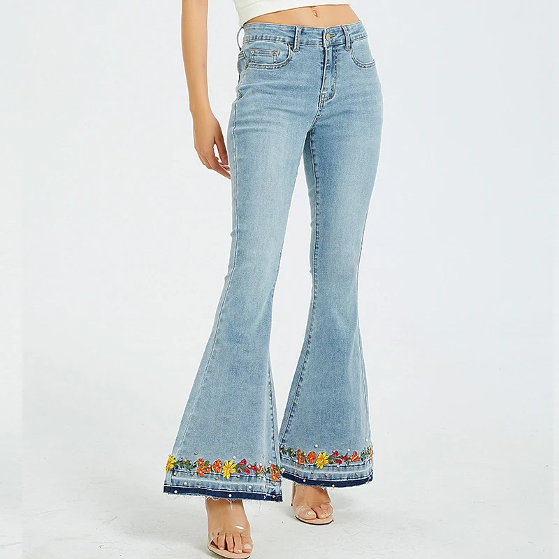 Джинсы женские Стрейчевые с высокой талией расклешенные брюки жемчугом широкими