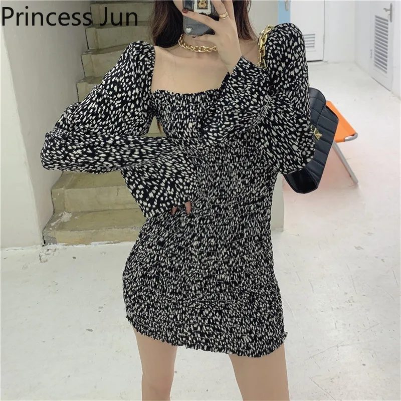 

Женское леопардовое мини-платье, облегающее французское мини-платье в стиле ретро, пикантное платье-карандаш с квадратным вырезом и длинны...