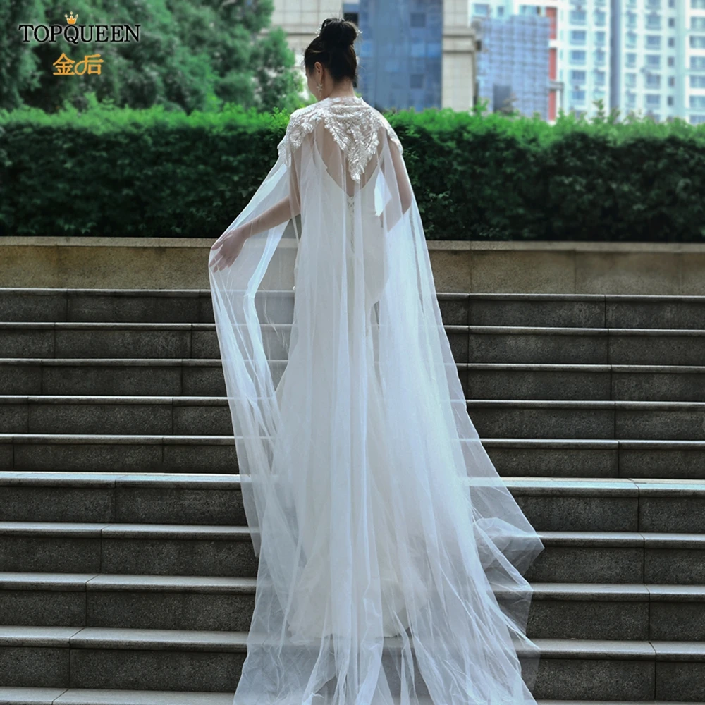 

TOPQUEEN G25 Women Cape Veil Tulle Lace Embroidery Applique 3M Elegant Wedding Capes Bridal Wraps Long Train Shawls Cloak